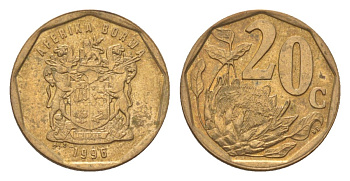 ЮАР 20 центов 1996 герб, цветок протея KM 162 сталь плакированная бронзой 4627-226