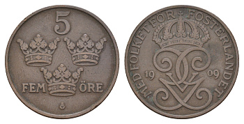 Швеция 5 эре 1909 Густав V (1907-1950) KM 779 бронза 4654-212