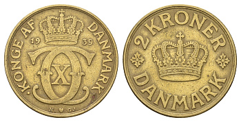 Дания 2 кроны 1939 N; GJ, Кристиан X (1912-1947) KM 825 алюминиевая бронза 83-626