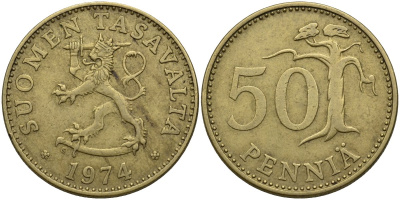 Финляндия 50 пенни 1974 KM 48 алюминиевая бронза 4175-433
