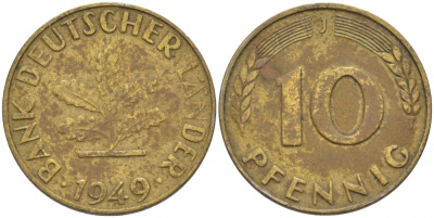 ФРГ 10 ПФЕННИГОВ 1949 J KM 103, J.378 сталь плакированная латунью 113-1043