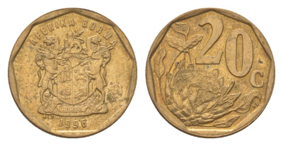 ЮАР 20 центов 1996 герб, цветок протея KM 162 сталь плакированная бронзой 4627-226