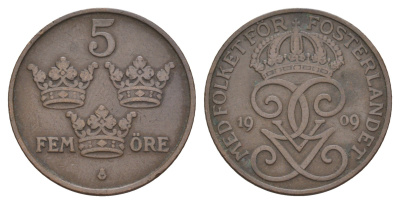 Швеция 5 эре 1909 Густав V (1907-1950) KM 779 бронза 4654-212