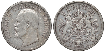 Швеция 2 кроны 1906 EB, Оскар II (1872-1907) король Швеции KM 773 серебро 4117-714