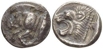 Мизия, Кизик диобол 450-400 гг. до н.э. передняя часть туловища кабана, под ним тунец / голова льва, 0,75 гр SNG France 361-72 серебро 1073-11-93