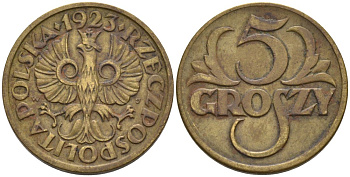 Польша 5 грошей 1923 w KM 10, Parchimowicz 103a латунь 4564-1055