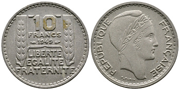 Франция 10 франков 1949 тип Пьер Турин KM 909.1, LE FRANC 362.6 медно-никель 51-726