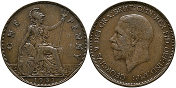 Великобритания 1 пенни 1931 Георг V (1910-1936) КМ 838, Spink 4055 бронза 59-1325