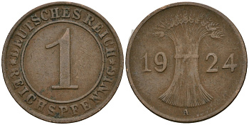 Германия 1 рейхспфенниг 1924 A KM 37, J. 313 бронза 4189-1052