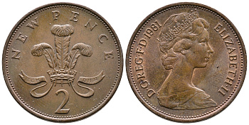 Великобритания 2 пенса 1981 Елизавета II (1952-2022) KM 916, Spink 4235 (C1) бронза 87-737