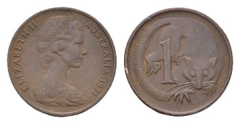 Австралия 1 цент 1971 Елизавета II (1952-2022), молодой портрет, опоссум KM 62 бронза 4669-559