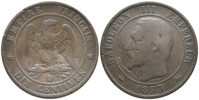 ФРАНЦИЯ 10 САНТИМОВ 1853 D, НАПОЛЕОН III (1852-1870) KM 771.4 бронза 51-2423