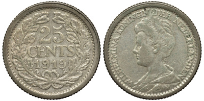 НИДЕРЛАНДЫ 25 ЦЕНТОВ 1919 ВИЛЬГЕЛЬМИНА серебро 443-722