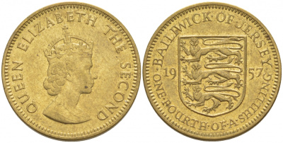 ДЖЕРСИ 1/4 ШИЛЛИНГА 1957 ЕЛИЗАВЕТА II KM 22 никель латунь UNC 4548-443