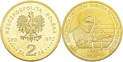 Польша 2 злотых 2007 125 лет со дня рождения Кароля Шимановского (1882-1937) KM 612 латунь UNC M19-03