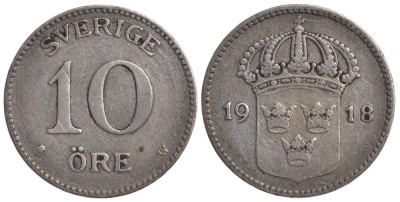 Швеция 10 эре 1918 W, Густав V (1907-1950) KM 780 серебро 4179-557