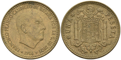 Испания 1 песета 1966 (67) Франсиско Франко (1939 - 1975) KM 796 алюминиевая бронза 4155-344