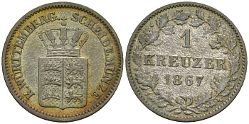 Вюртемберг 1 крейцер 1867 Карл I (1864-1891) KM 612 серебро 99-822