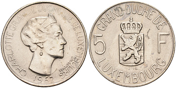 Люксембург 5 франков 1962 Великая герцогиня Шарлотта (1919-1964) KM 51 медно-никель    4142-436