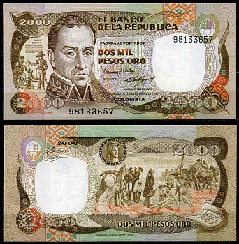 Колумбия 2000 песо 1985 El Banco de la Republica, портрет Симона Боливара, перевал у Парамо-де-Писба Pick 430 c бумага UNC (пресс)   447-22-1