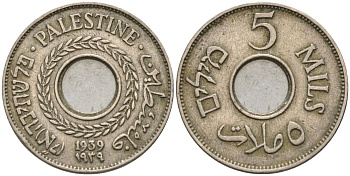 Израиль, Палестина 5 милсов 1939 британская администрация (1927-1948) KM 3 медно-никель    4154-417