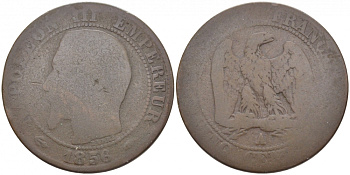 ФРАНЦИЯ 5 САНТИМОВ 1856 A, НАПОЛЕОН III (1852-1870) KM 777.1, LE FRANC 116.30 бронза 4448-112