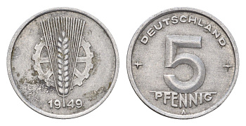 ГДР 5 пфеннигов 1949 A KM 2 алюминий 192-162