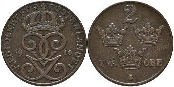 Швеция 2 эре 1916 Густав V (1907-1950), SHORT 6 KM 778 бронза 63-1056