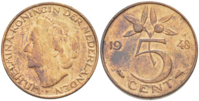 НИДЕРЛАНДЫ 5 ЦЕНТОВ 1948 ВИЛЬГЕЛЬМИНА (1890-1948) KM 176 бронза 212-1032