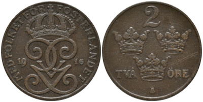 Швеция 2 эре 1916 Густав V (1907-1950), SHORT 6 KM 778 бронза 63-1056