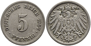 ГЕРМАНИЯ 5 ПФЕННИГОВ 1907 E KM 11, Jager 12, Weege 6 медно-никель 4547-458