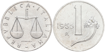 Италия 1 лира 1955 R, весы KM 91 алюминий  UNC  4594-738