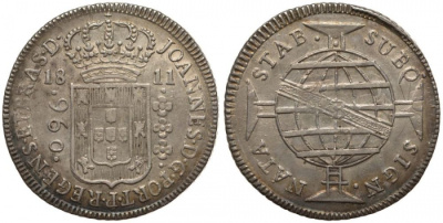 Бразилия 960 рейс 1811 В, монетный двор Бахия (Bahia), перечекан, патина, Жоао принц-регент (1799-1818) KM 307.1 серебро 00-815-11