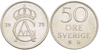 Швеция 50 эре 1973 U, Густав VI Адольф (1950-1973) KM 837 медно-никель 176-521