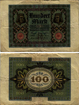 Германия 100 марок 1920 Бамбергский всадник, 8 цифр в номере Pick 69 b, Розенберг 69b бумага 8607-100-1