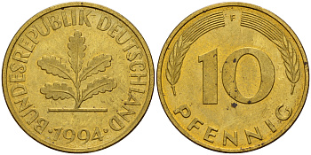 ФРГ 10 пфеннигов 1994 F J. 383, KM 108 сталь плакированная латунью    4603-713