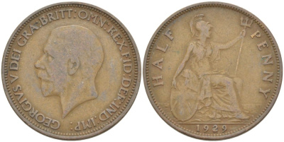 Великобритания 1/2 пенни 1929 Георг V (1910-1936) KM 837, Spink 4058 бронза 4513-625