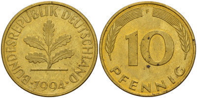 ФРГ 10 пфеннигов 1994 F J. 383, KM 108 сталь плакированная латунью    4603-713