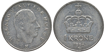 Норвегия 1 крона 1994 Харальд V (1991-) KM 436 медно-никель 4128-1224