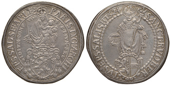 Австрия, Зальцбург 1 рейхсталер 1624 Святой Руперт, Пэрис вон Лодрон (1619-1653) KM 87, Dav. 3504, Zottl 1475 серебро 00-000-00