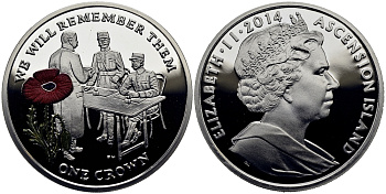 Остров Вознесения 1 крона 2014 в память героев первой мировой войны, допрос, красный мак KM NEW серебро, эмаль PROOF 1071-3-52