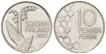 Финляндия 10 пенни 1999 M KM 65 медно-никель UNC 218-1125