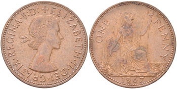 Великобритания 1 пенни 1967 Елизавета II (1952-2022) KM 897, Spink 4157 бронза 4165-1212
