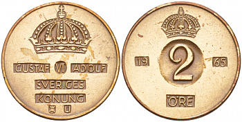 Швеция 2 эре 1965 U, Густав VI Адольф (1950-1973) KM 821 бронза 4548-412