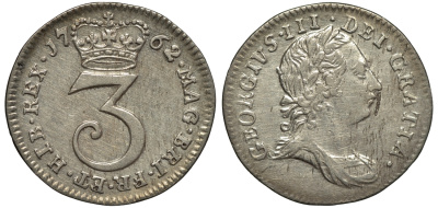 Великобритания 3 пенса 1762 Георг III (1760-1820) KM 591, Spink 3753 серебро 1524-231