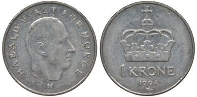 Норвегия 1 крона 1994 Харальд V (1991-) KM 436 медно-никель 4128-1224
