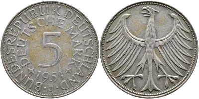 ФРГ 5 марок 1951 J (Гамбург), J. 387, KM 112.1 серебро 4178-1316