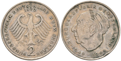 ФРГ 2 марки 1972 J, Теодор Хойс, 20 лет Федеративной Республике KM A127 медно-никель 4557-1211