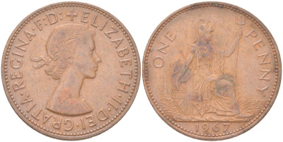 Великобритания 1 пенни 1967 Елизавета II (1952-2022) KM 897, Spink 4157 бронза 4165-1212