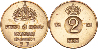 Швеция 2 эре 1965 U, Густав VI Адольф (1950-1973) KM 821 бронза 4548-412